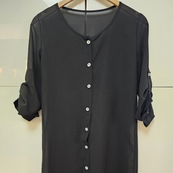 Black Button Down Roll-Up Cover-Up Beach Shirt - Picture 2 of 7